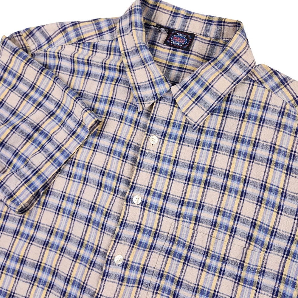 Maui Trading Company Button Up Shirt Mens XL Beige Plaid Short Sleeve Cotton